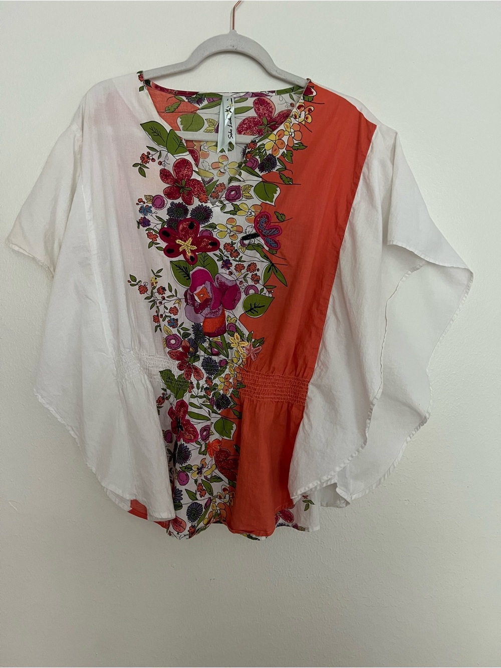 Floral Split-Panel Tunic in White & Coral